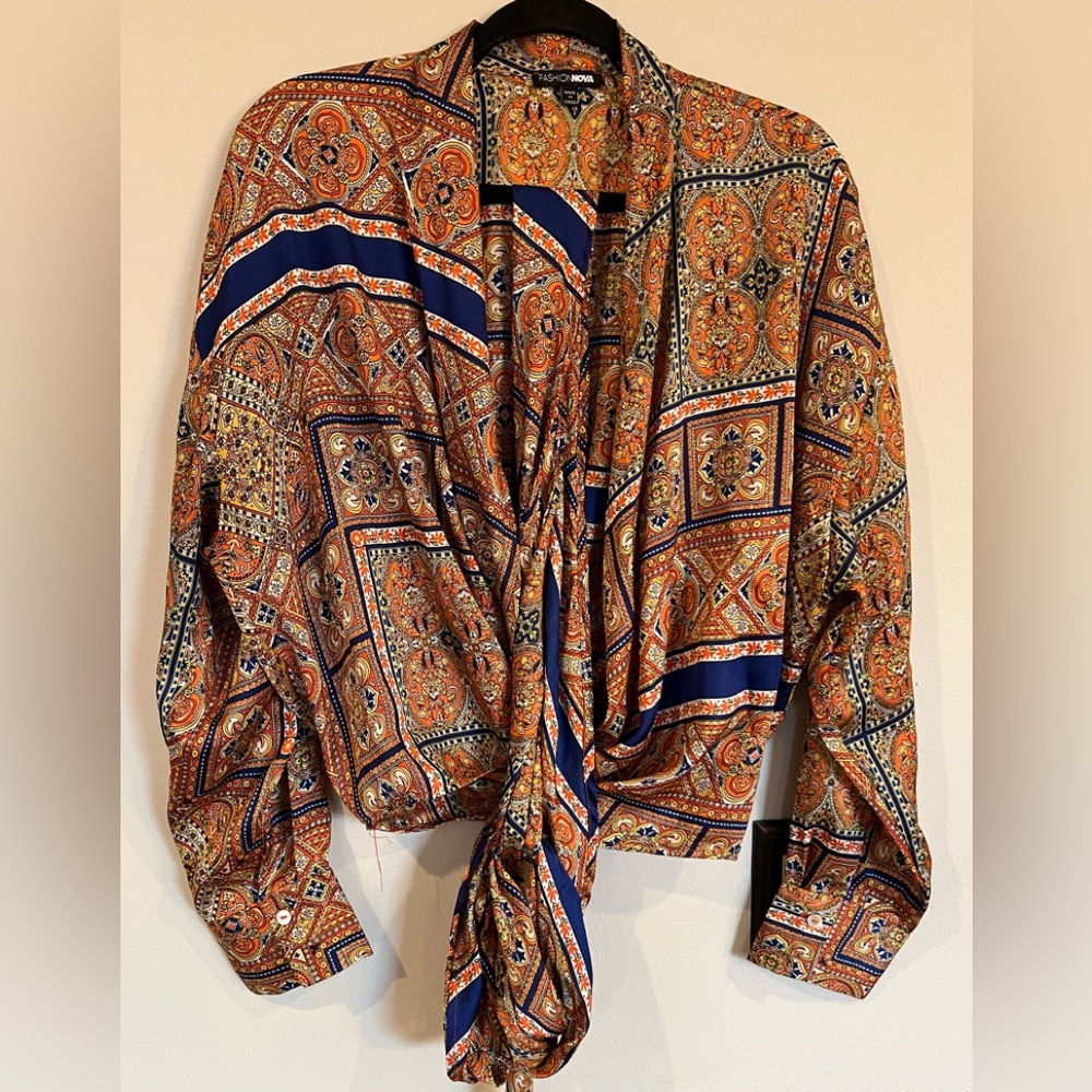 Vibrant Orange and Blue Paisley Wrap Shirt